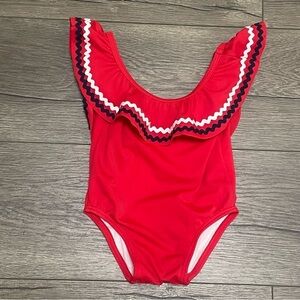 Janie and Jack Swimsuit Girls Red White Ruffle One Piece Ric Rac Retro Sz 6-12 M
